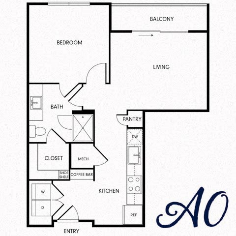 Floor plan for 1 bed, 1 bath, 625 sqft
